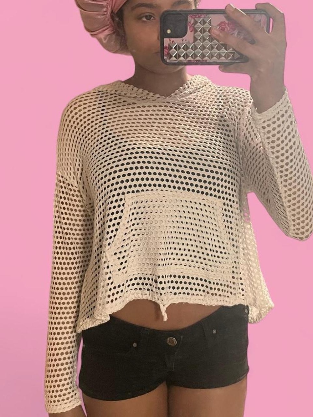 Crochet/ fishnet Hoodie Top with Front Pocket